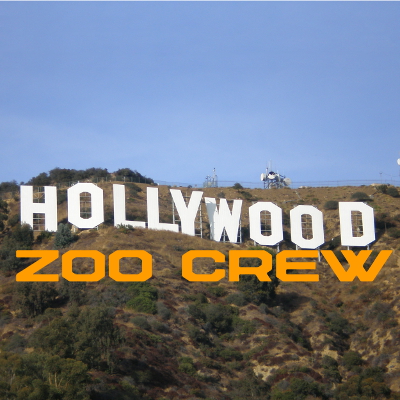 the hollywood sign with the words zoo crew in yellow text underneath